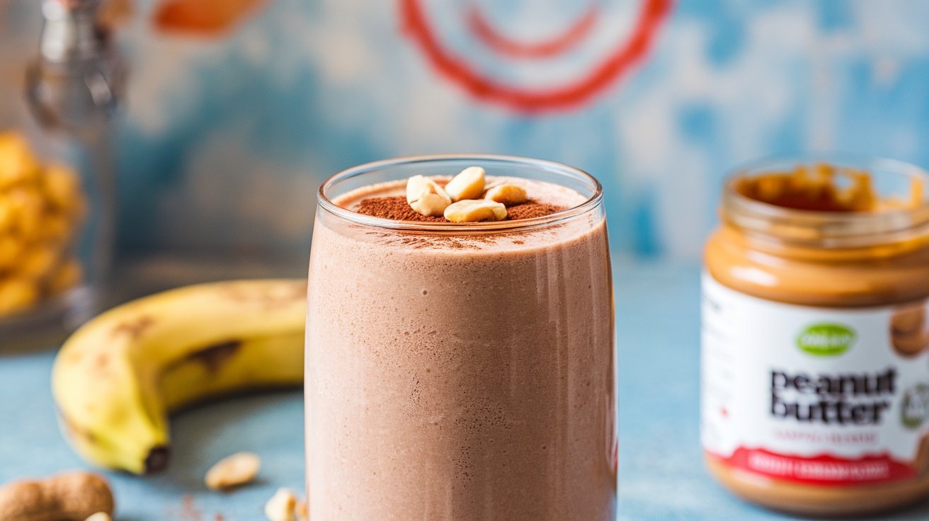 A chocolate peanut protein smoothie in a glass, garnished with cocoa powder and peanuts, with banana and peanut butter in the background.