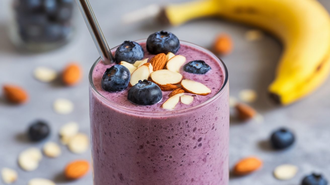 Blueberry almond smoothie in a glass with blueberries and almonds, surrounded by fresh ingredients.