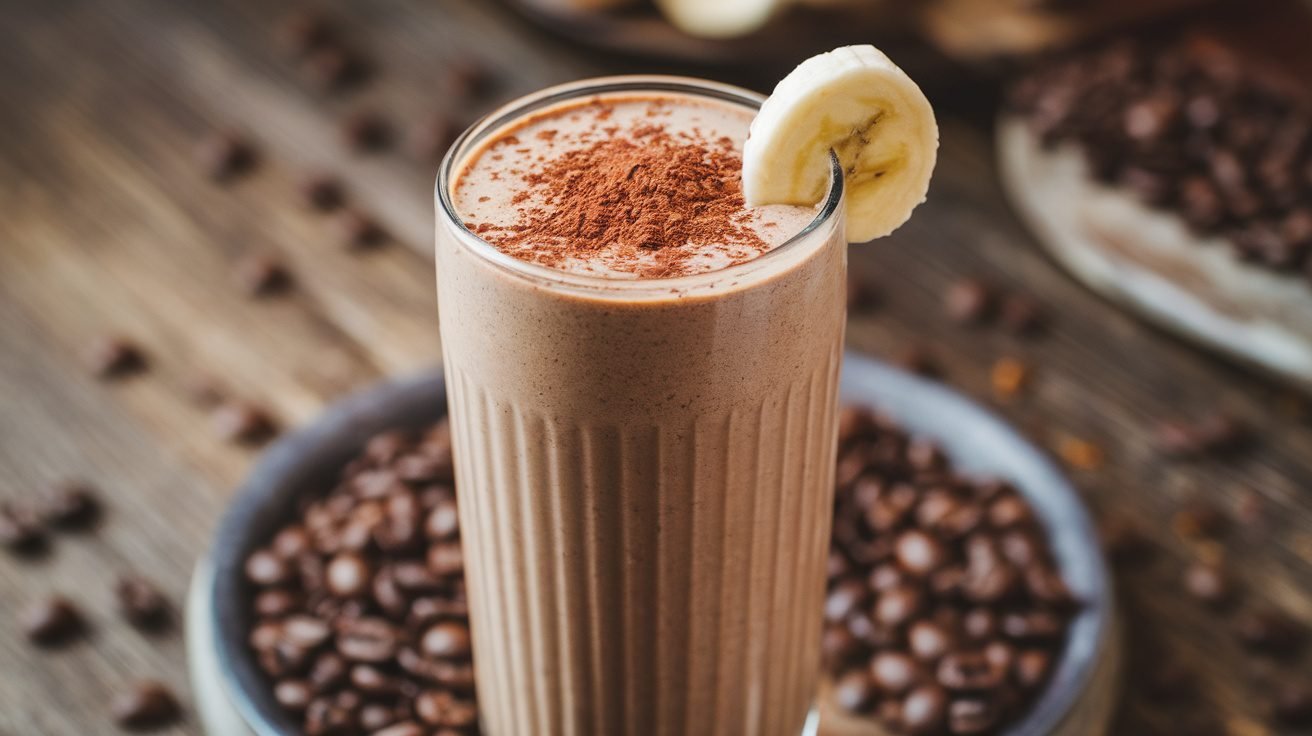 A mocha smoothie in a glass with cocoa powder and banana, surrounded by coffee beans on a wooden table.