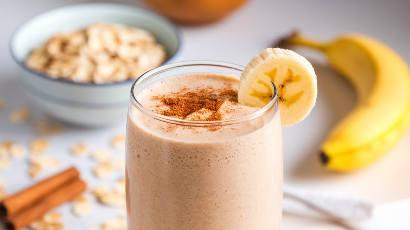 Cinnamon oatmeal breakfast smoothie in a glass, garnished with cinnamon and banana slice, with oats in the background.