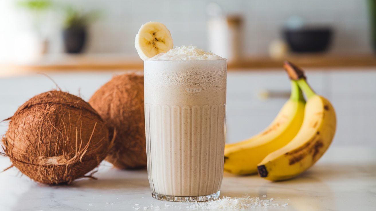 A coconut protein recovery shake in a glass, garnished with banana and coconut, on a bright kitchen counter.