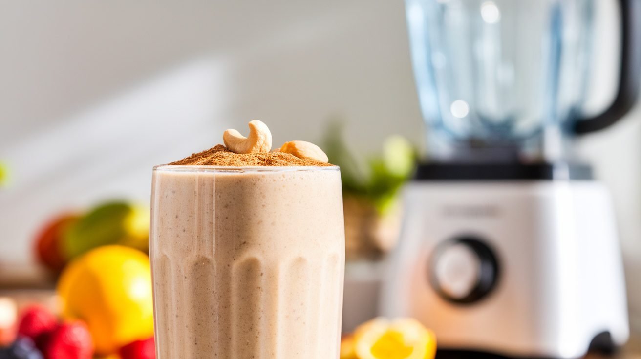 A creamy cashew vanilla smoothie in a glass, garnished with cinnamon and cashews, on a kitchen counter.