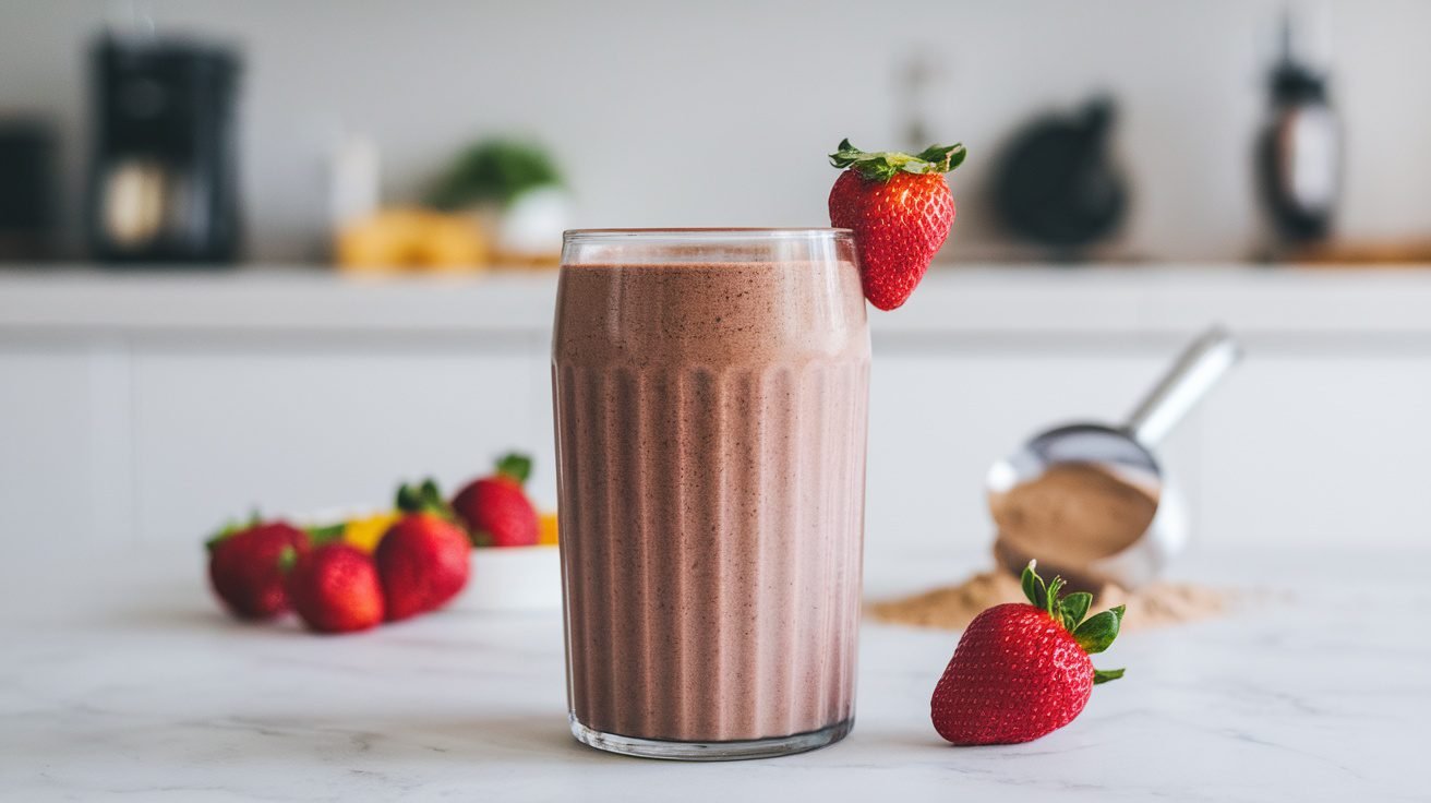 A chocolate strawberry protein smoothie in a glass, garnished with a strawberry, on a kitchen countertop.