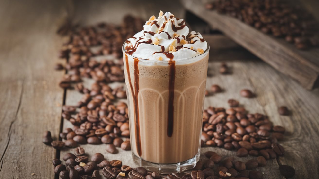 A tall glass of Hazelnut Mocha Smoothie topped with whipped cream and chocolate syrup, surrounded by coffee beans.