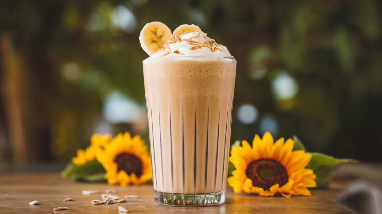 A creamy sunflower butter banana shake in a glass, garnished with banana slices and sunflower seeds on a wooden table.