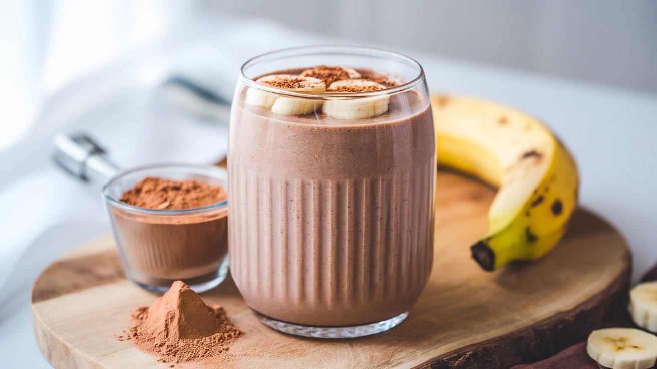 A chocolate protein smoothie in a glass, topped with banana slices, on a bright background with fresh ingredients.