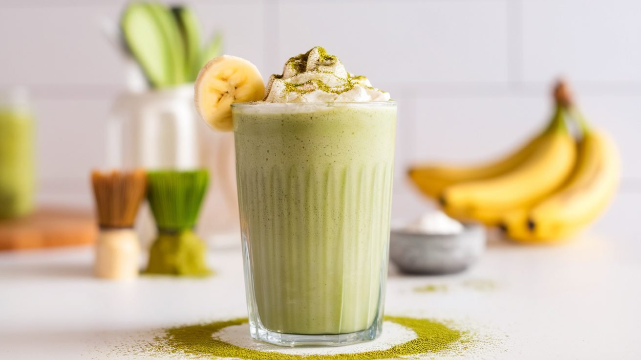 A tall glass of Vanilla Matcha Protein Shake garnished with matcha powder and banana, set in a bright kitchen.