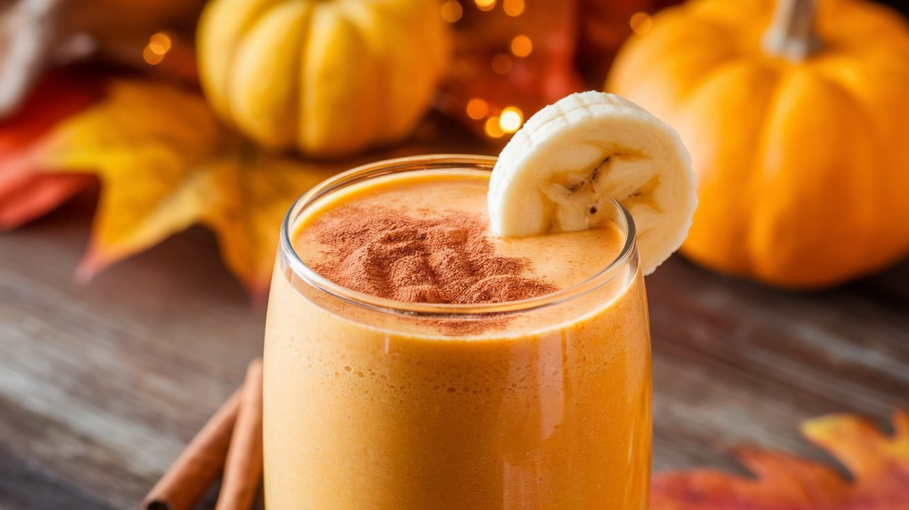 Pumpkin spice smoothie in a glass, garnished with banana and cinnamon, surrounded by autumn decorations.