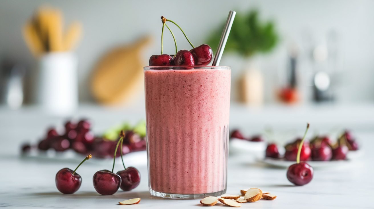A cherry almond smoothie in a glass, garnished with cherries and almonds, on a kitchen counter.