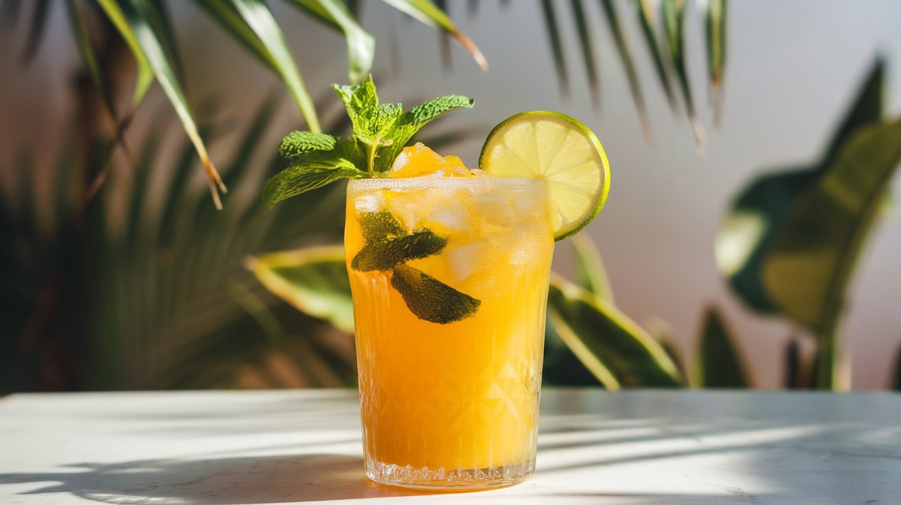 A glass of Mango Lime Refresher with ice, garnished with lime and mint, in a sunny outdoor setting.