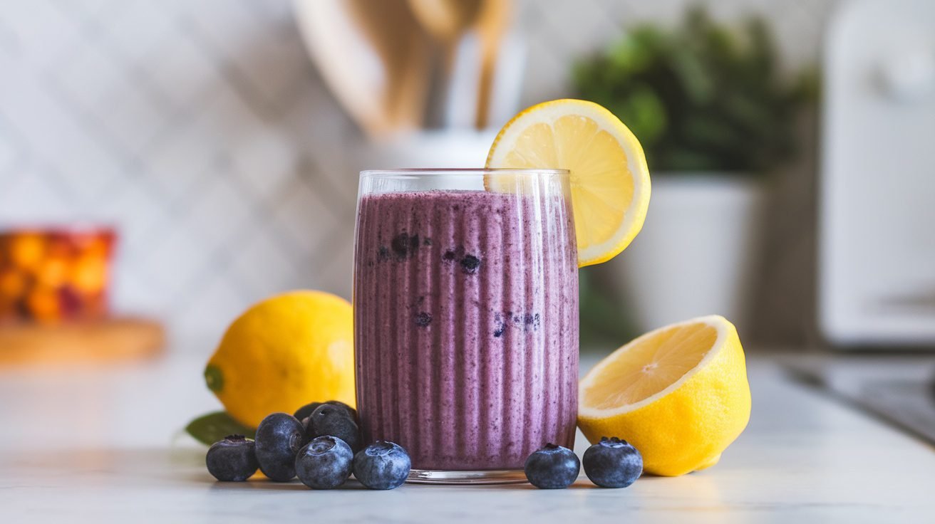 A refreshing lemon blueberry smoothie in a glass with a lemon slice, surrounded by blueberries on a kitchen countertop.