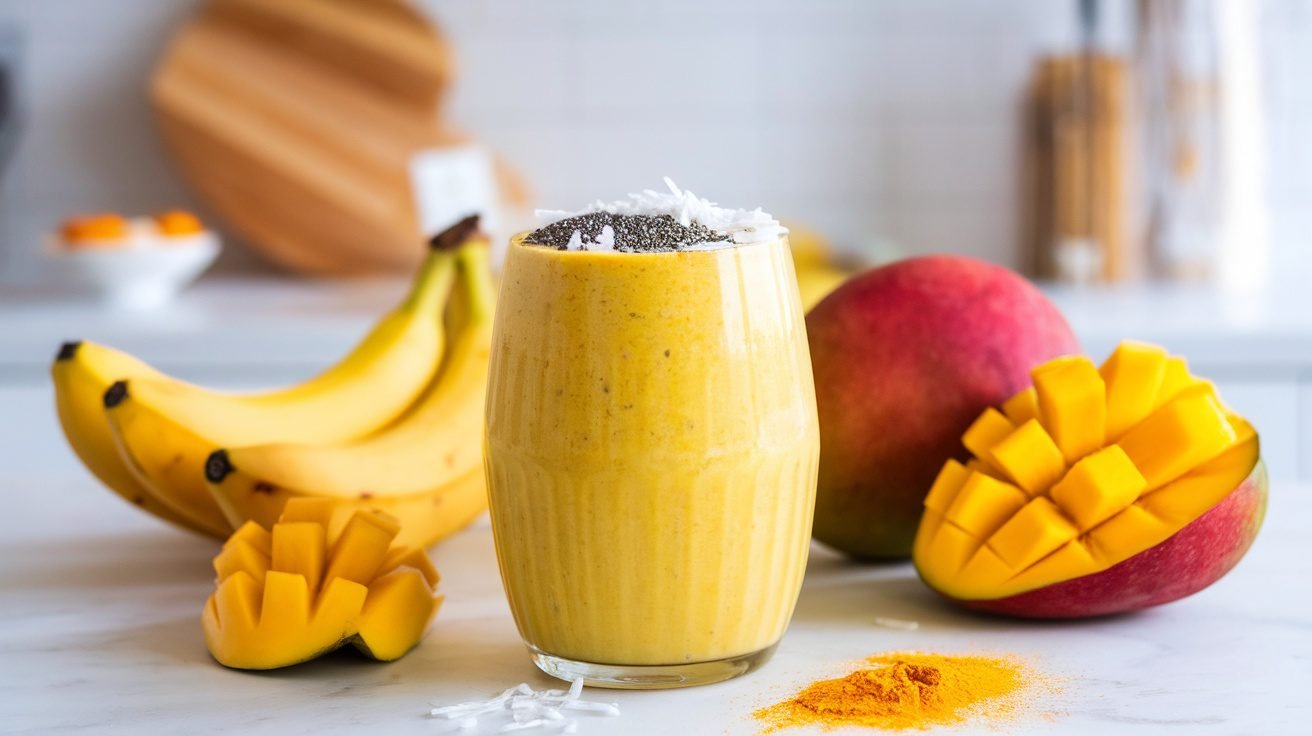 A refreshing Turmeric Golden Glow Smoothie in a glass, garnished with chia seeds and coconut, with fresh fruits in the background.