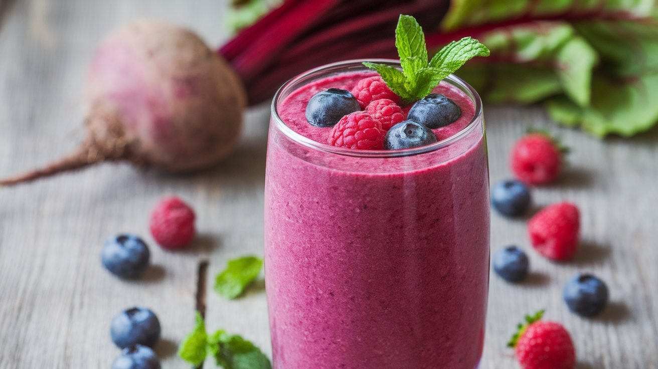 A tall glass of beetroot berry smoothie garnished with berries and mint on a wooden table.