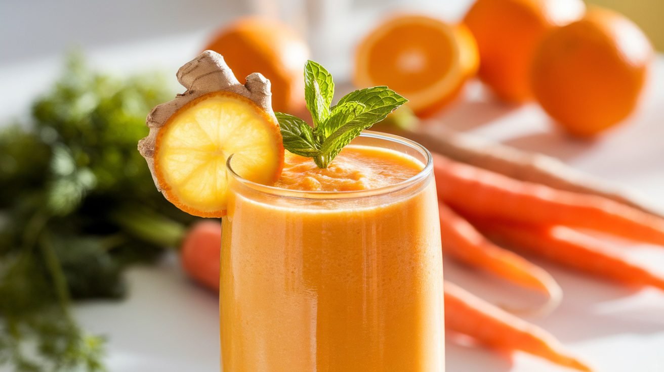 A refreshing carrot ginger smoothie in a glass, garnished with ginger and mint, surrounded by fresh carrots and oranges.