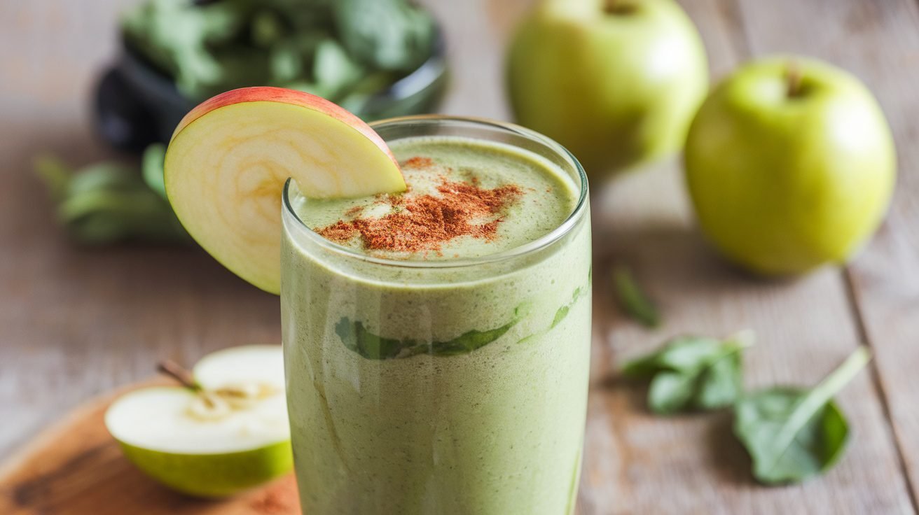 A refreshing green smoothie made with apple cider, spinach, and banana, garnished with cinnamon and apple slice.