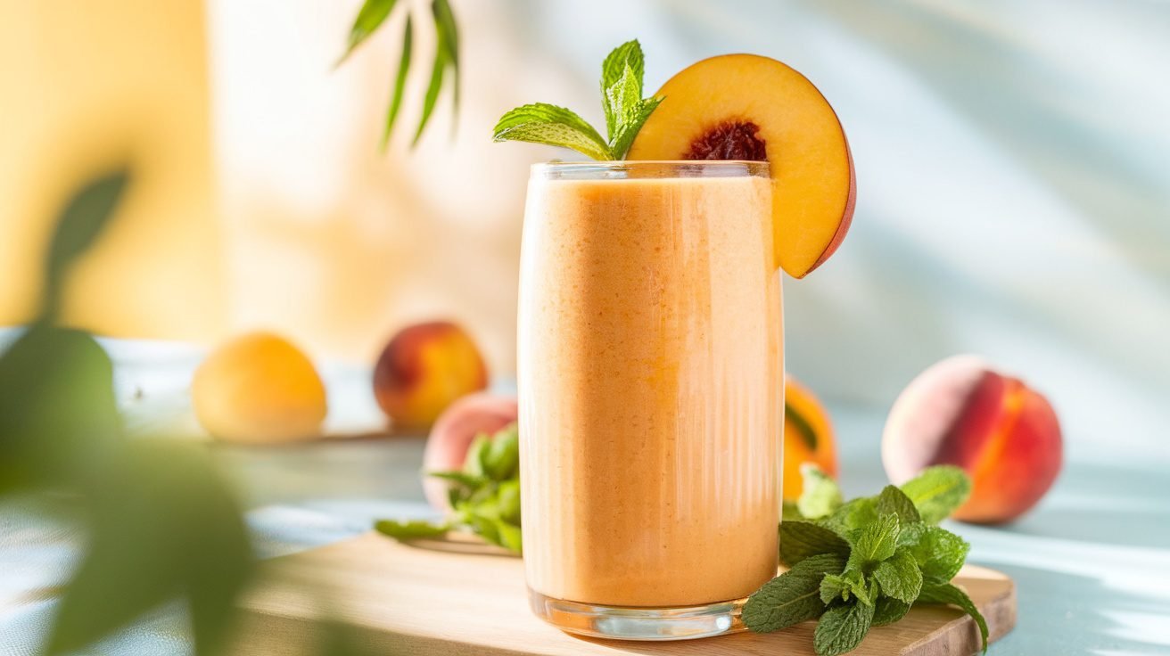 A tall glass of peach smoothie garnished with a peach slice and mint, on a sunny background.