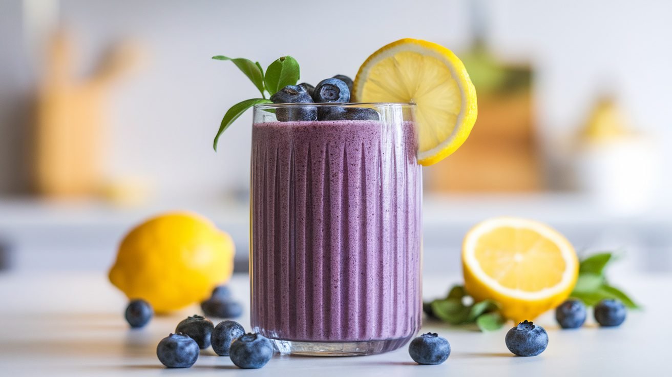 A tall glass of blueberry lemon smoothie garnished with blueberries and lemon slice on a bright kitchen counter.