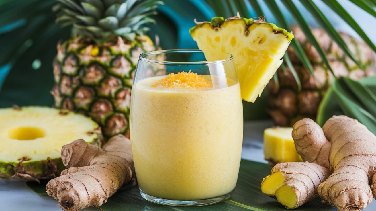 A refreshing pineapple ginger smoothie in a glass, garnished with pineapple slice and ginger, on a tropical background.