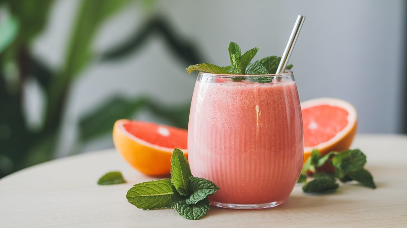 A refreshing grapefruit mint smoothie in a glass with mint leaves, served on a wooden table with grapefruit segments.