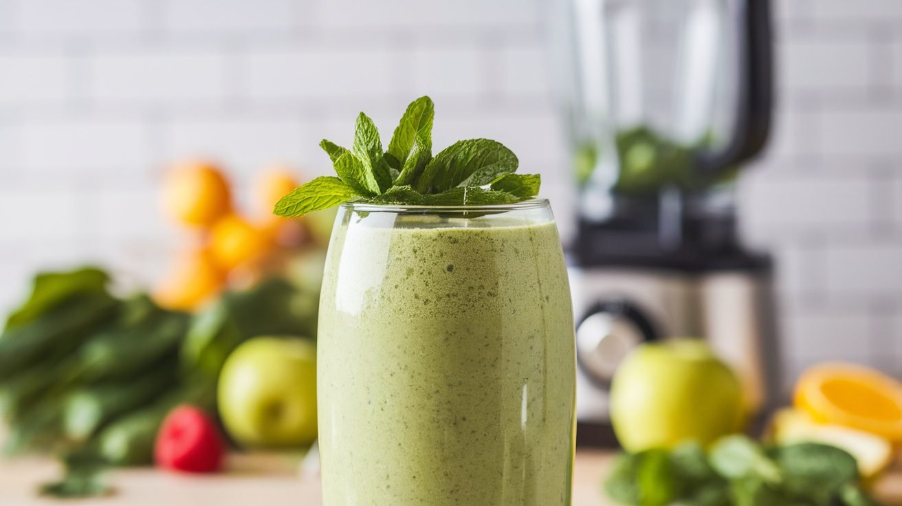 A refreshing spinach apple mint smoothie in a glass, garnished with mint leaves, on a bright kitchen countertop.