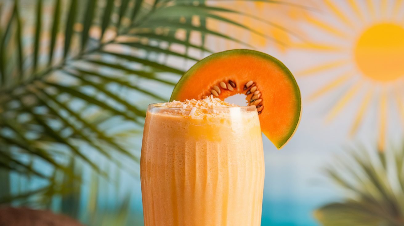 A vibrant cantaloupe coconut cream smoothie in a glass, garnished with cantaloupe slice and shredded coconut.