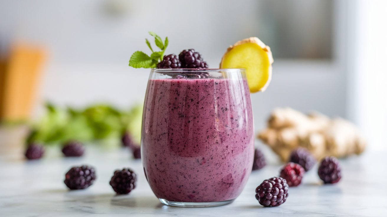 A refreshing blackberry ginger smoothie in a glass, garnished with blackberries and ginger slice, on a kitchen countertop.