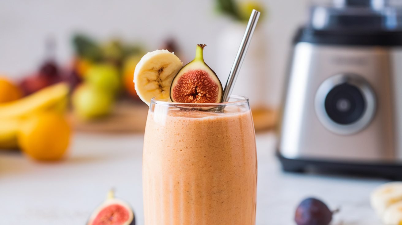 A creamy fig and banana protein smoothie in a glass, garnished with banana and fig slices, set in a bright kitchen.