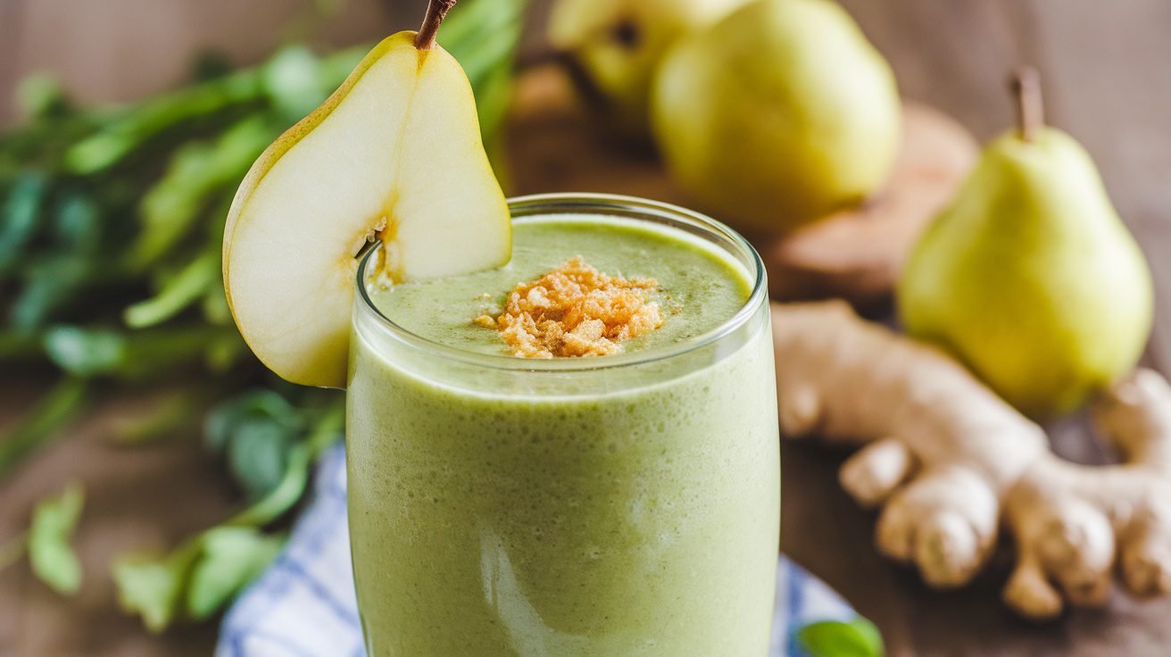 A green pear ginger smoothie in a glass, garnished with pear slice and ginger, on a wooden table.