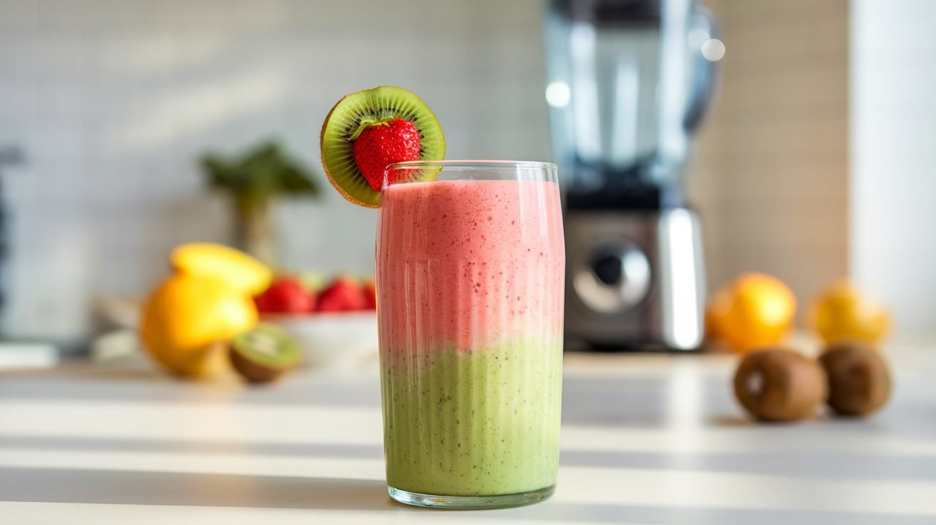 A refreshing strawberry kiwi smoothie in a glass, garnished with kiwi and strawberry, on a kitchen counter.