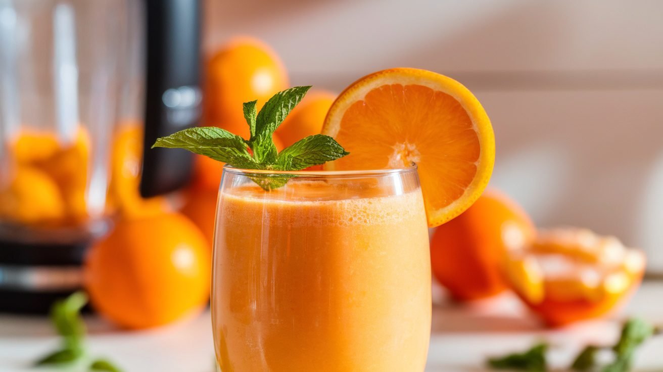 Bright orange tangerine smoothie in a glass, garnished with mint leaves and a slice of tangerine.