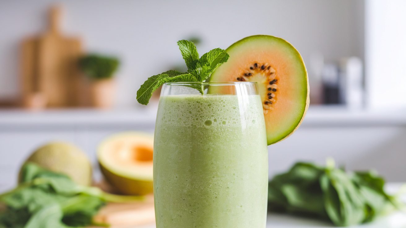 A tall glass of Honeydew Spinach Cooler smoothie garnished with honeydew slice and mint, on a kitchen counter.