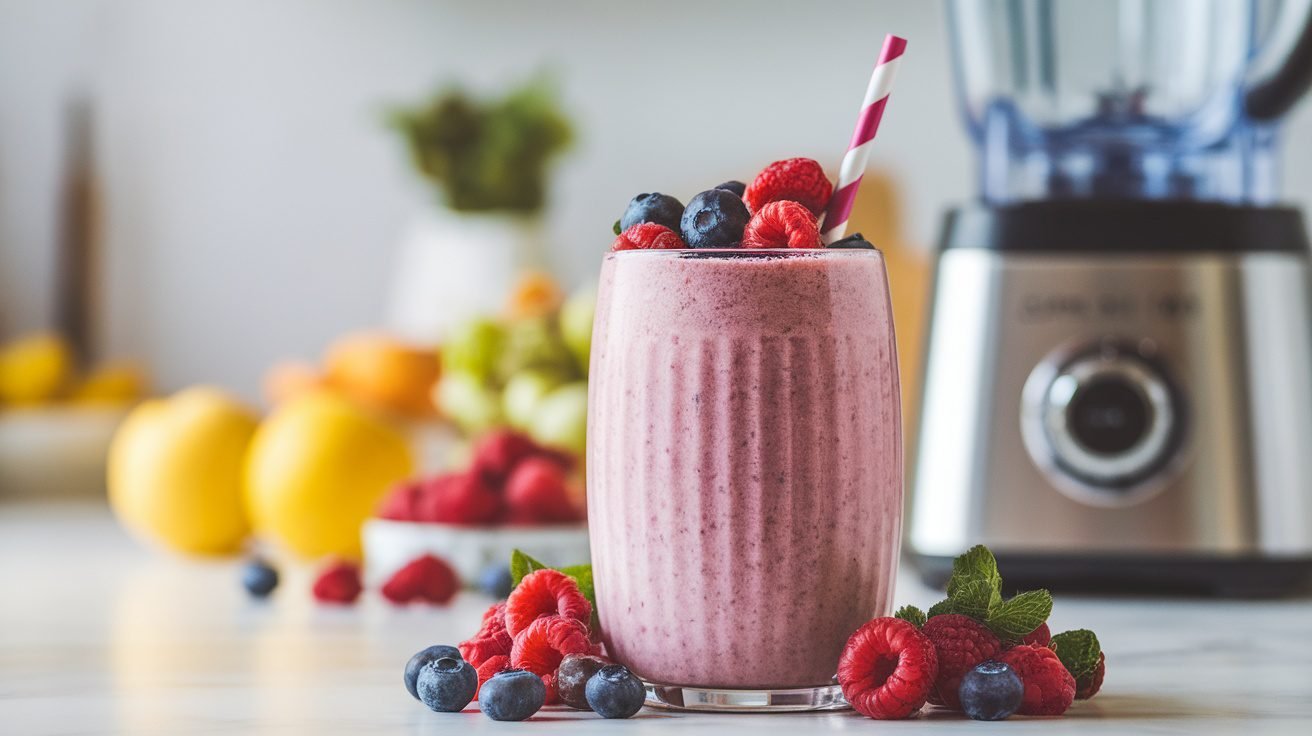 A glass of creamy cashew berry smoothie garnished with berries, on a bright kitchen counter.