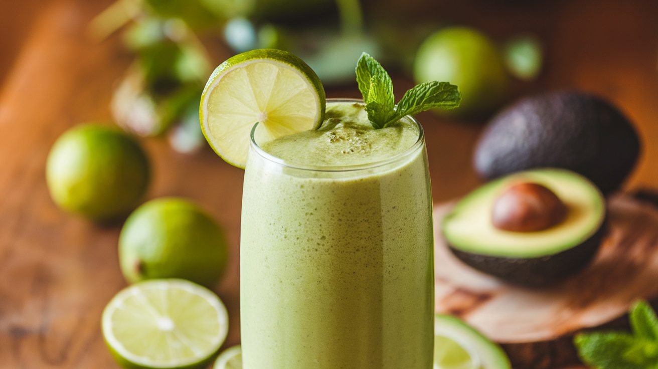 A refreshing lime avocado smoothie in a glass with lime slice and mint, surrounded by fresh limes and avocados.
