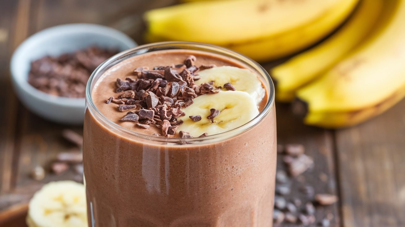 A delicious cacao banana smoothie in a glass, garnished with cacao nibs and banana slices on a wooden table.