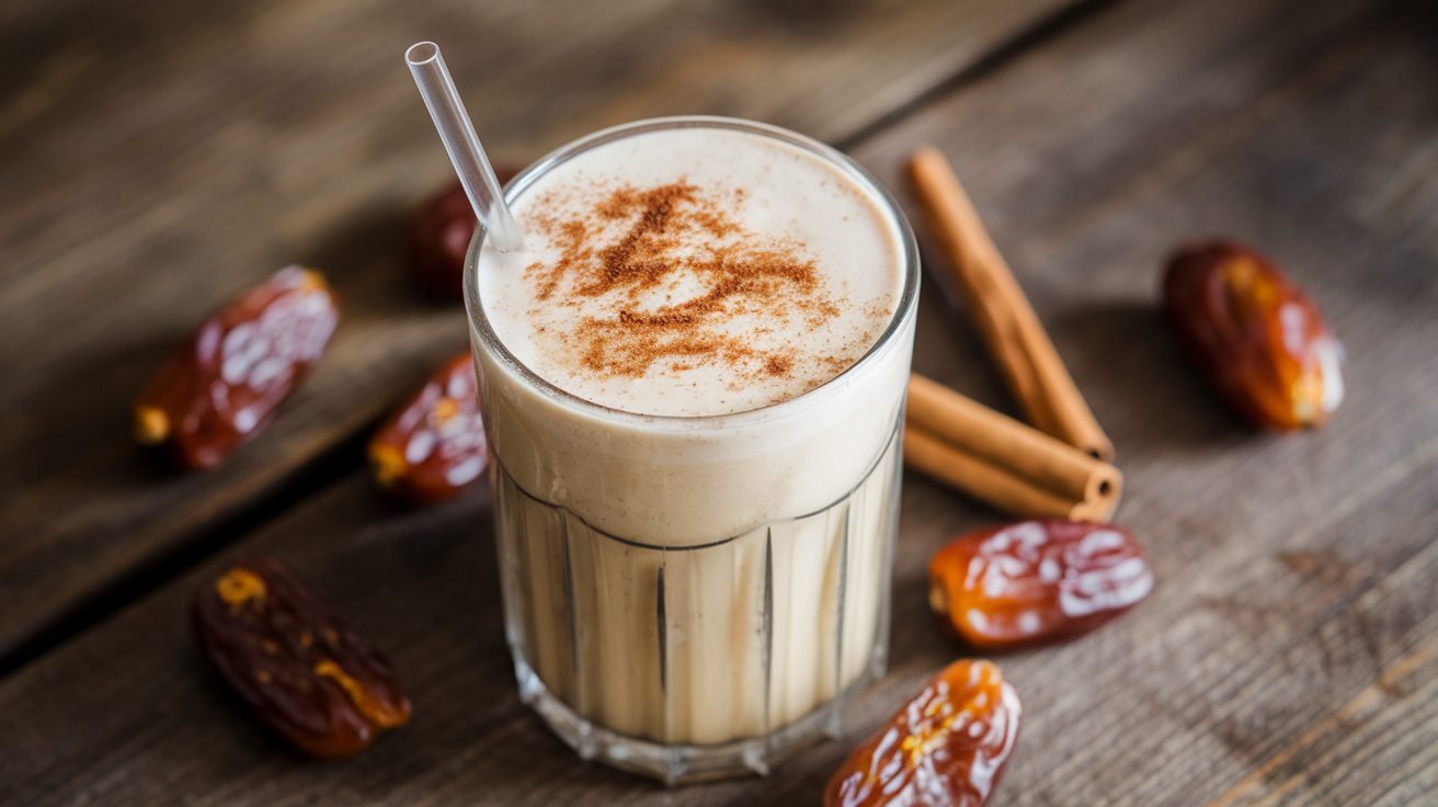 A creamy cinnamon date shake in a glass with a straw, garnished with cinnamon, on a wooden table with dates.