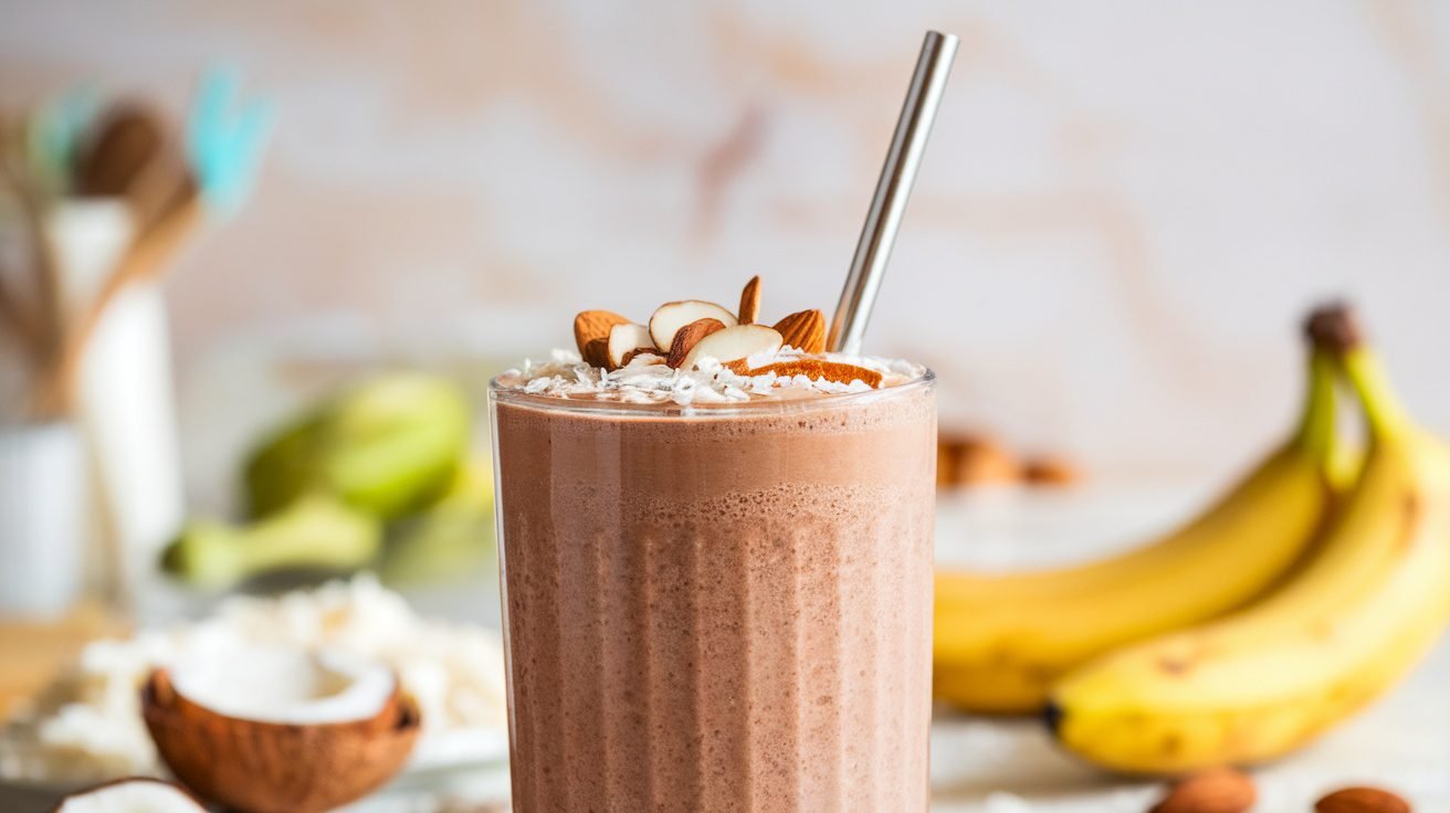 A tall glass of Almond Joy smoothie topped with coconut and almonds, set in a bright kitchen.