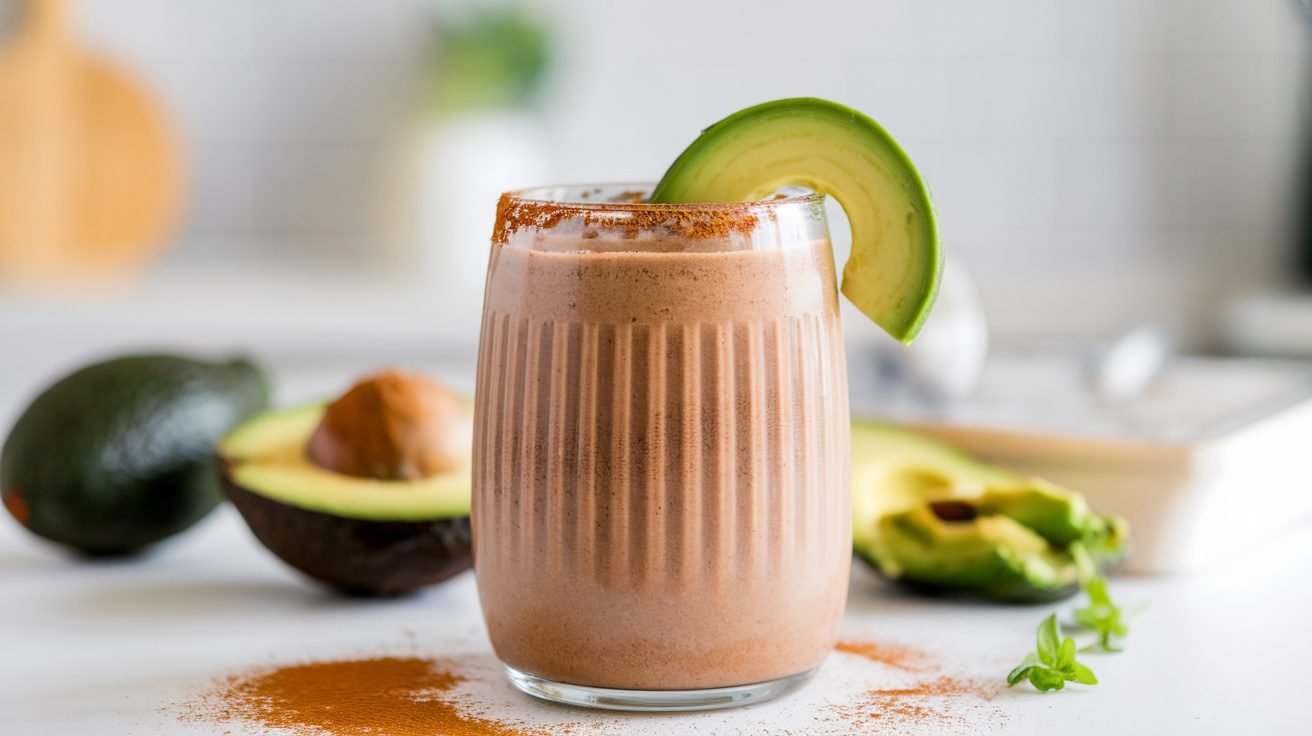 A creamy chocolate avocado smoothie in a glass with cocoa powder and avocado slice, surrounded by fresh ingredients.
