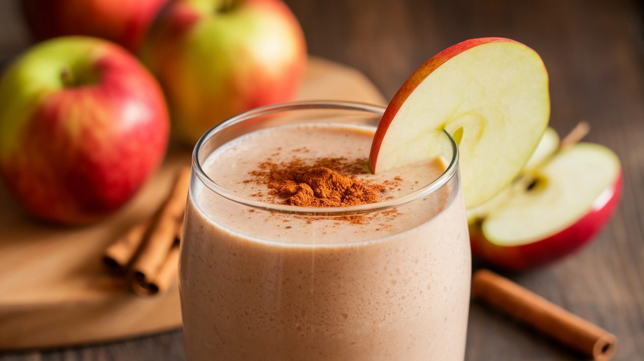 A glass of apple cinnamon smoothie garnished with cinnamon and apple slice on a wooden table.