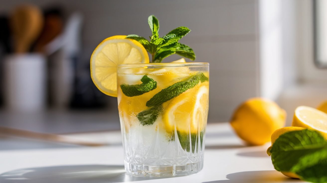 A clear glass of lemon mint cleanse with ice, garnished with lemon slice and mint, set in a bright kitchen.