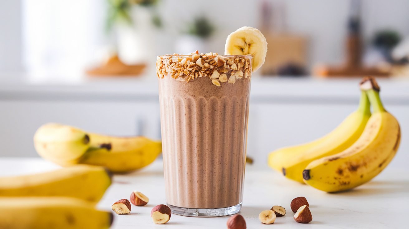 A creamy hazelnut banana smoothie in a glass, garnished with hazelnuts and banana slice.
