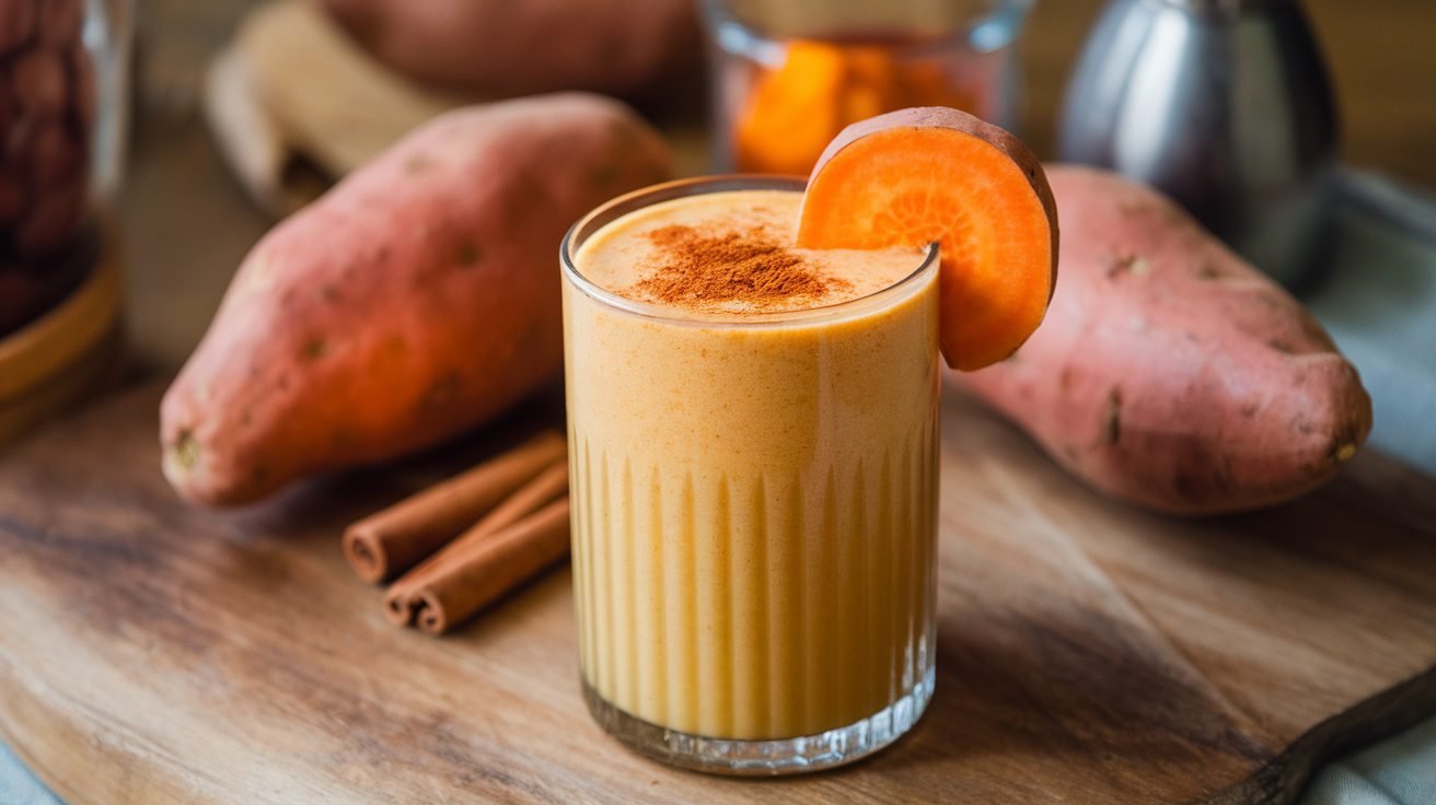 A tall glass of sweet potato spice smoothie with cinnamon, garnished with a sweet potato slice.