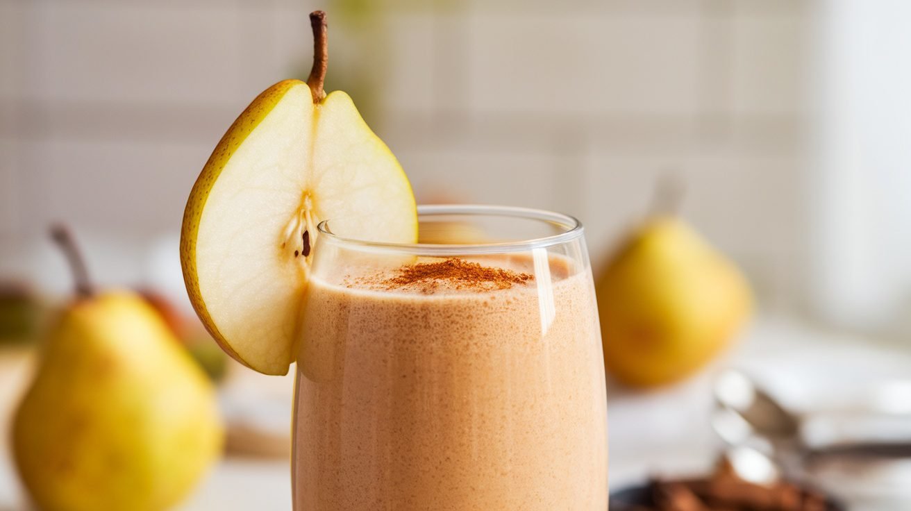 A spiced pear smoothie in a glass with cinnamon and a pear slice, surrounded by fresh pears and spices.