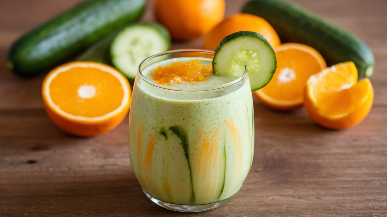A refreshing cucumber citrus smoothie in a glass, garnished with cucumber and orange, on a wooden table.