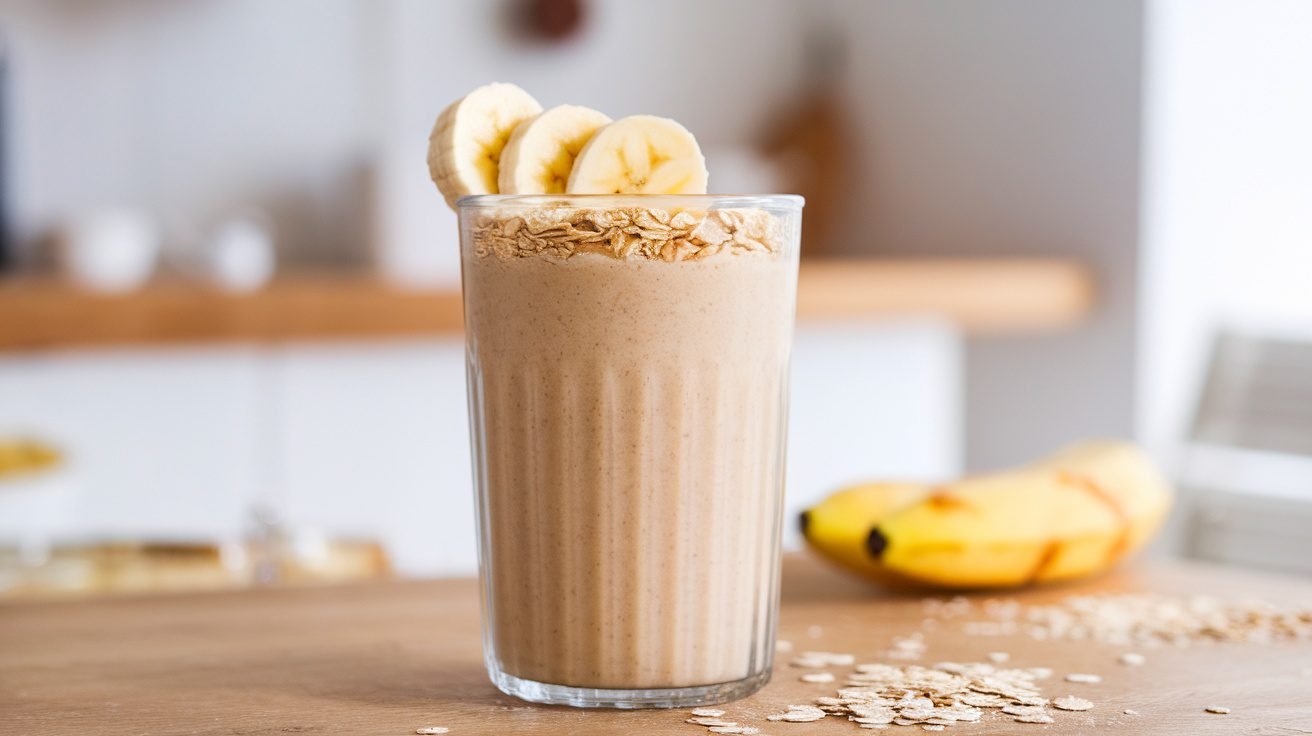 A glass of Vanilla Oat Recovery Smoothie topped with banana slices and oats on a wooden table.