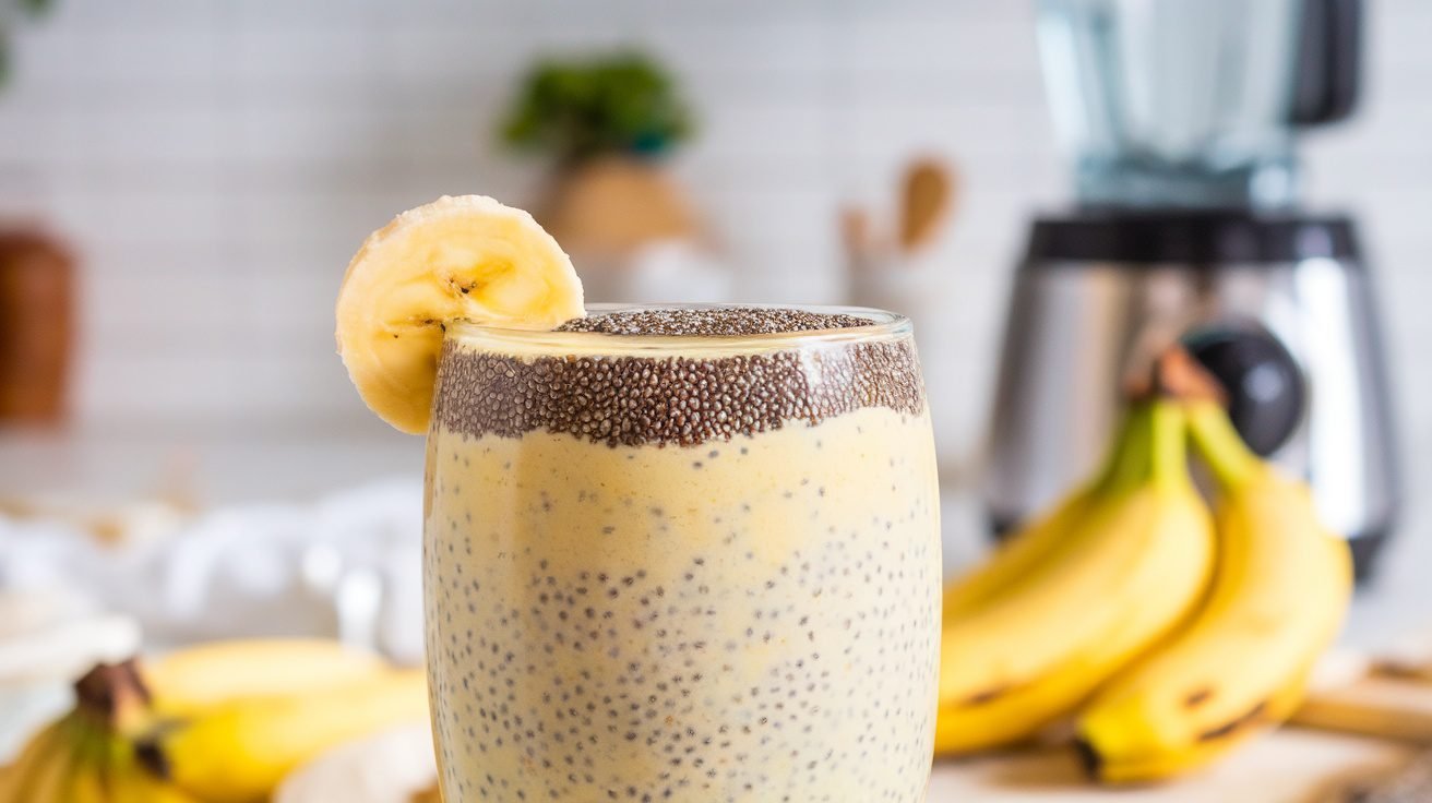 A glass of Chia Banana Cream Smoothie with banana slice garnish and chia seeds on top, set in a bright kitchen.