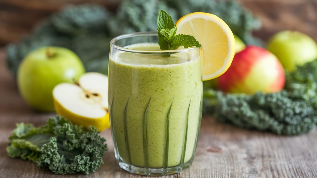 A refreshing kale apple lemon smoothie in a glass, garnished with lemon and mint, on a wooden table with apples and kale.
