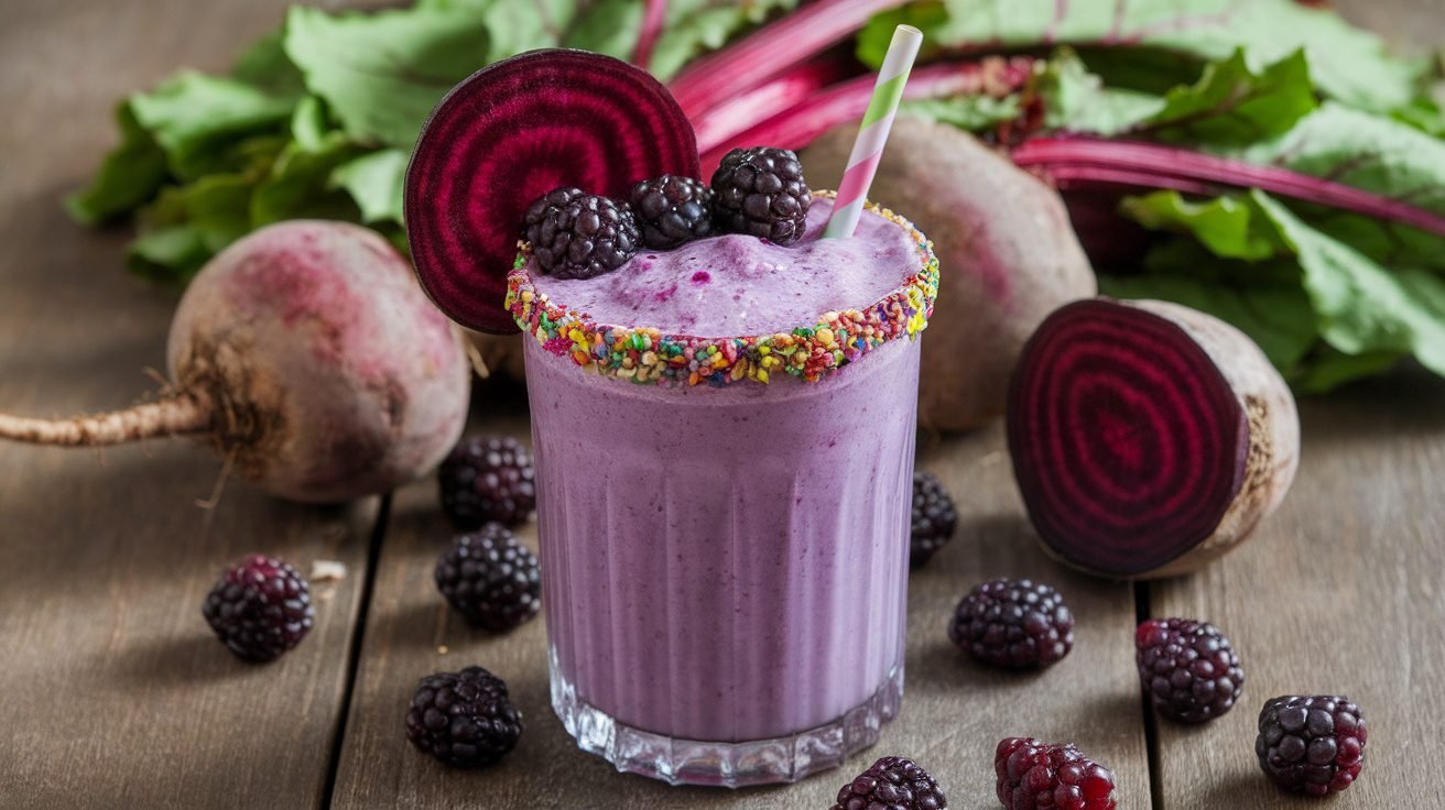 A colorful blackberry beet shake in a glass with blackberries and beets on a wooden table.