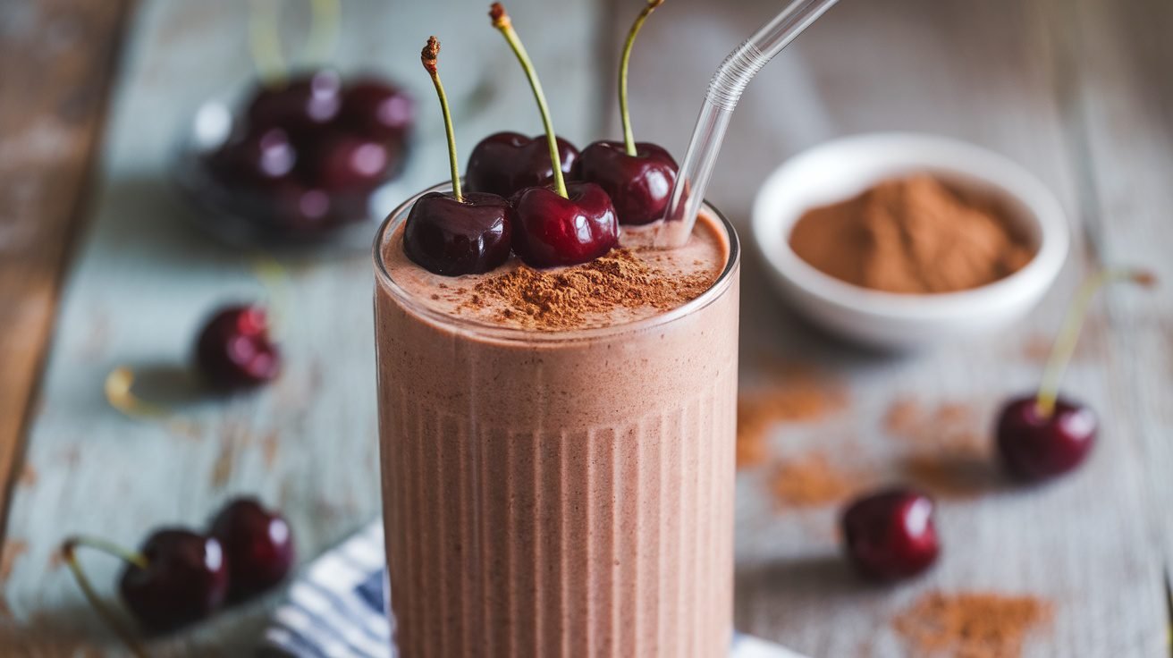 A chocolate cherry protein smoothie in a glass, garnished with cherries and cocoa powder on a wooden table.