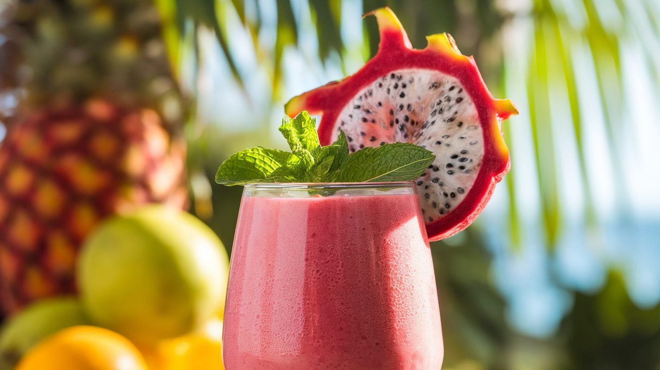 A tall glass of dragonfruit coconut cooler smoothie, garnished with dragonfruit slice and mint, against a tropical backdrop.