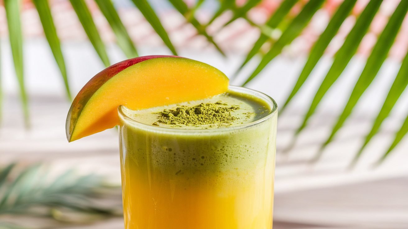 A vibrant Mango Matcha Refresher in a glass, garnished with mango slice and matcha powder, on a sunny background.